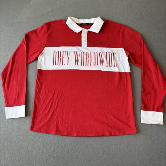 OBEY Worldwide Structure Men's Size M Polo Shirt Rugby Red White Striped Y2K VTG - Picture 1 of 14